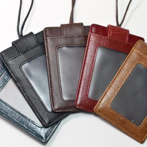 ID Holder Wallet with Detachable Lanyard / Genuine Leather ID Card Holder
